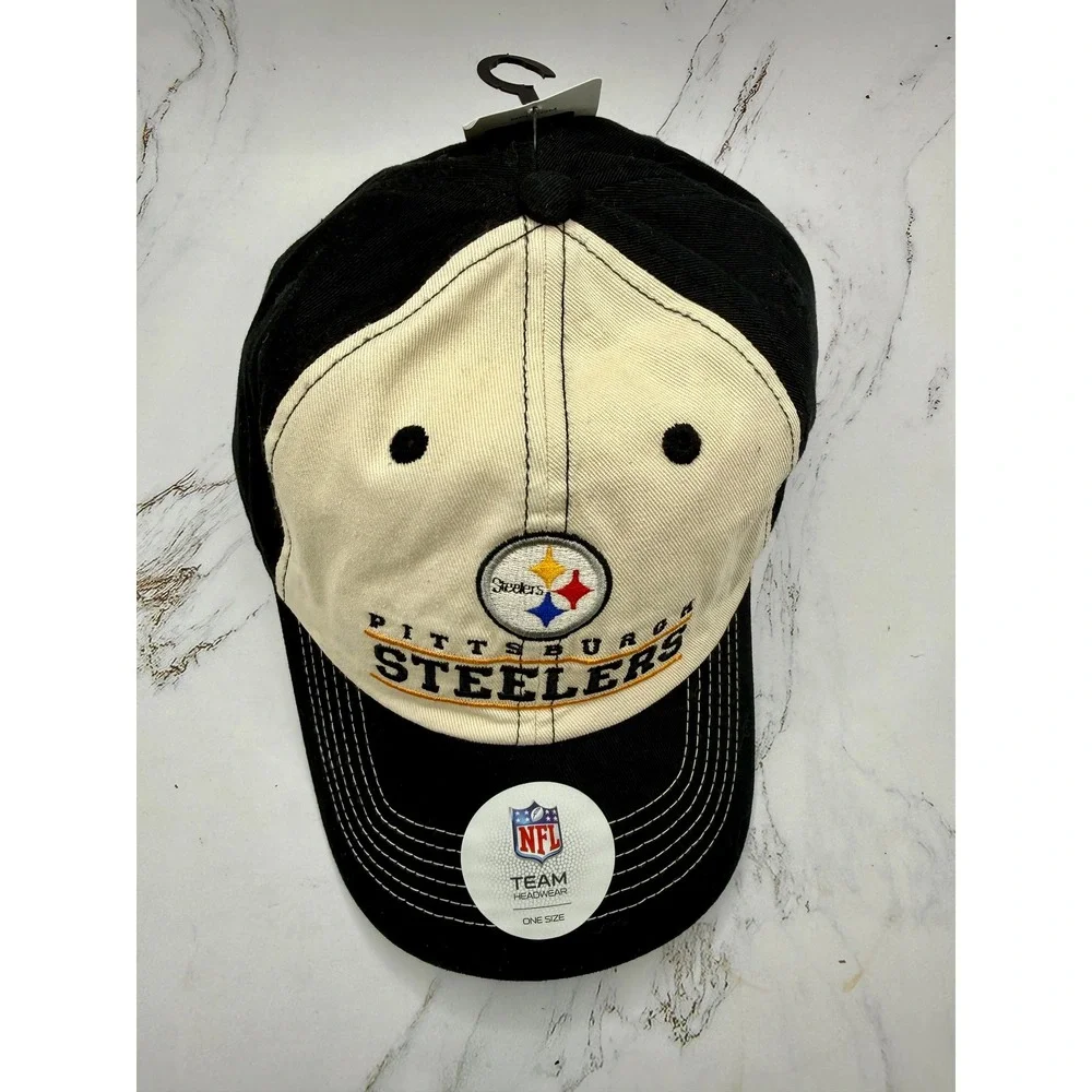 NFL Pittsburgh Steelers‎ Hat Adjustable Cap Black Cream Two Tone Headwear NEW - Picture 2 of 13